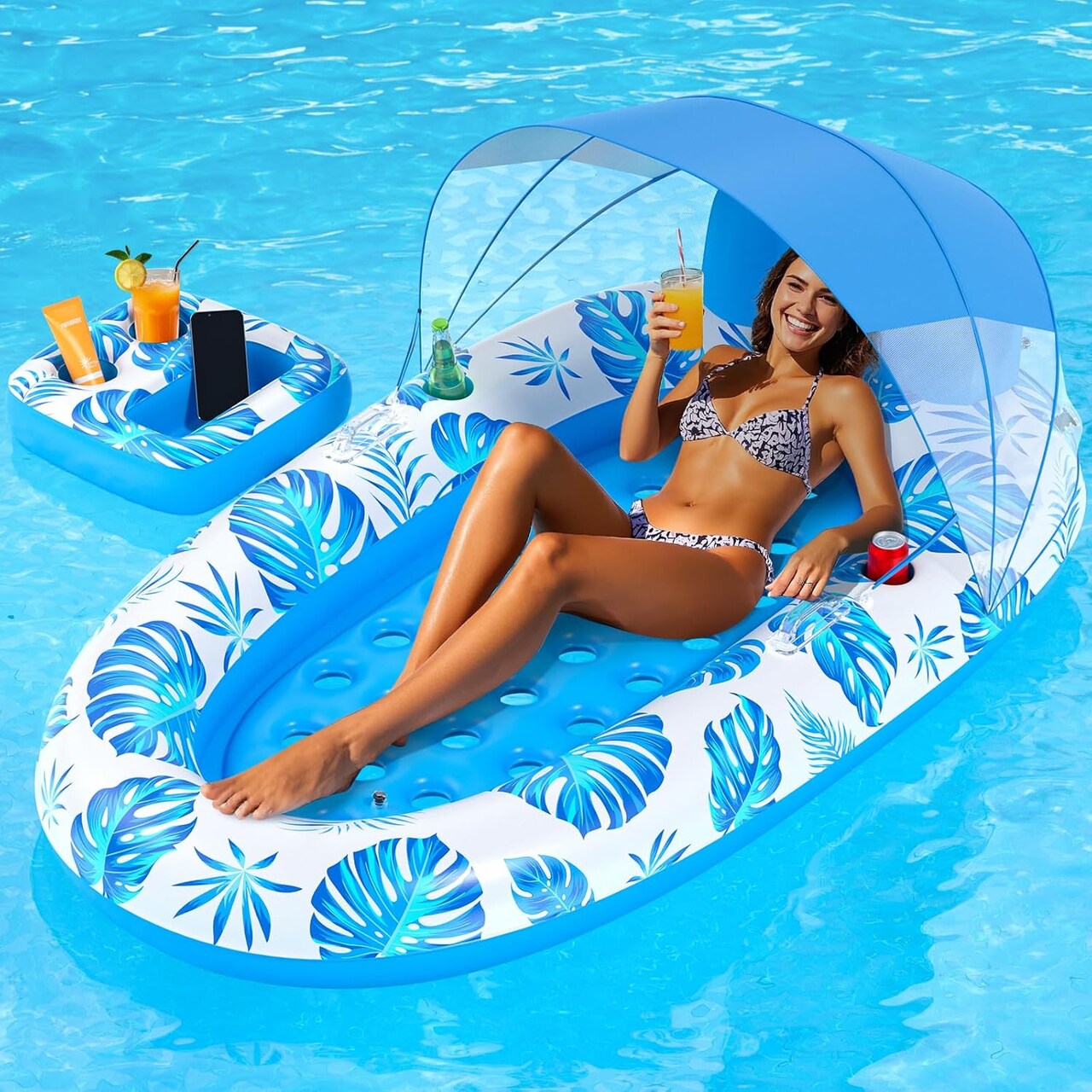 3-in-1 Pool Float for Adults with Canopy & Cup Holder, Extra Large Inflatable Pool Lounger Floats, Heavy Duty Adult Rafts Floaties for Swimming Pool, Lake, Beach, Water Pool Party